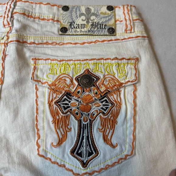 Raw Blue Shorts Womens 9/10 White Denim Embroidery Cross Royalty Wings Retro Y2K - Picture 3 of 9